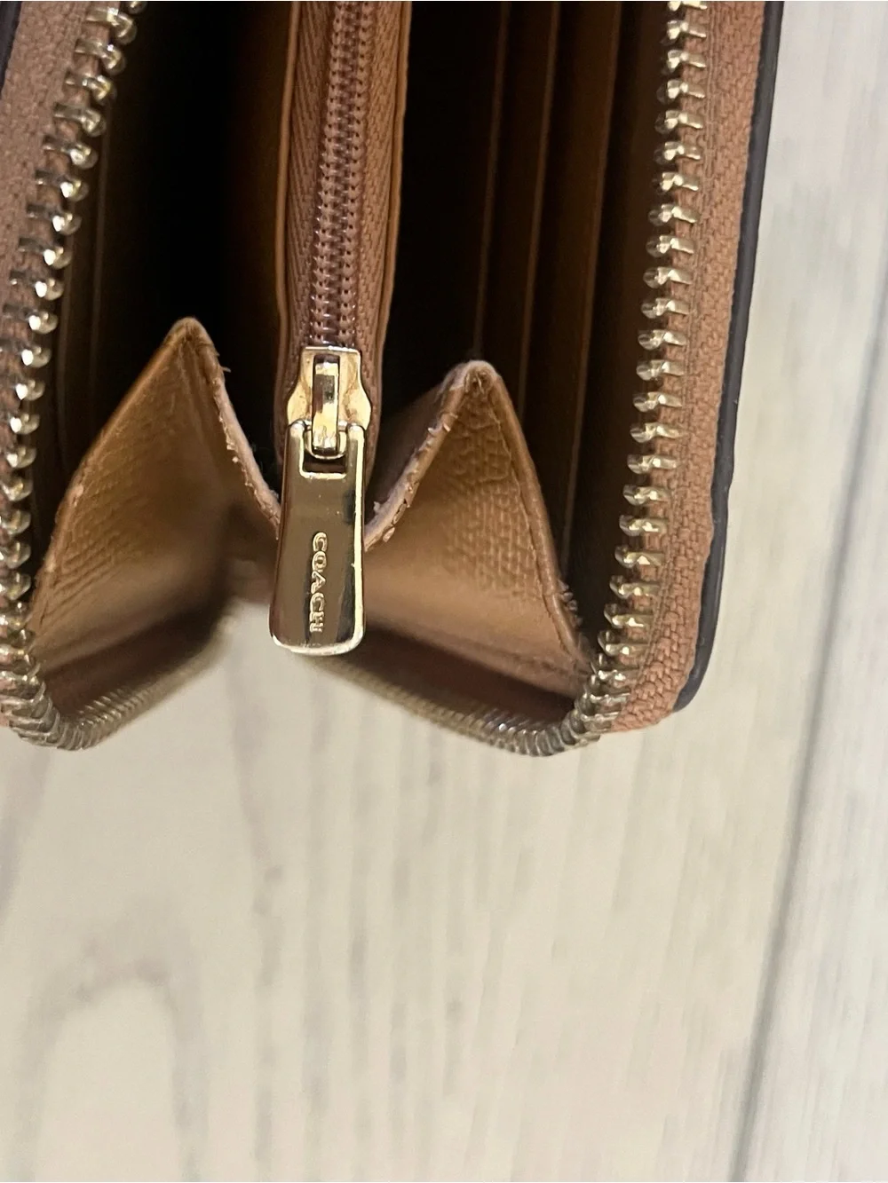 Coach Tan Pebbled Leather Zip Wallet with Gold Logo